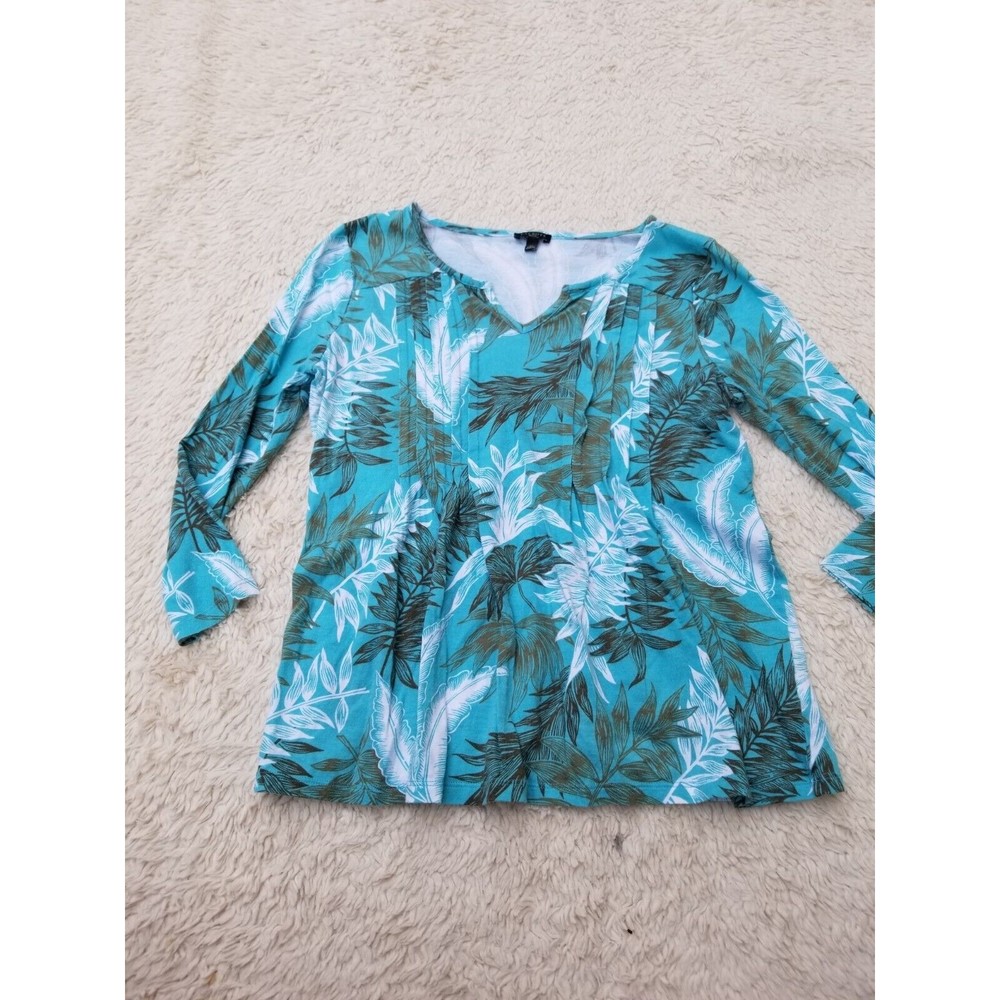 Talbots Blouse Blue Palm Leaf Print Pintuck 3/4 Sleeve Shirt Size SP